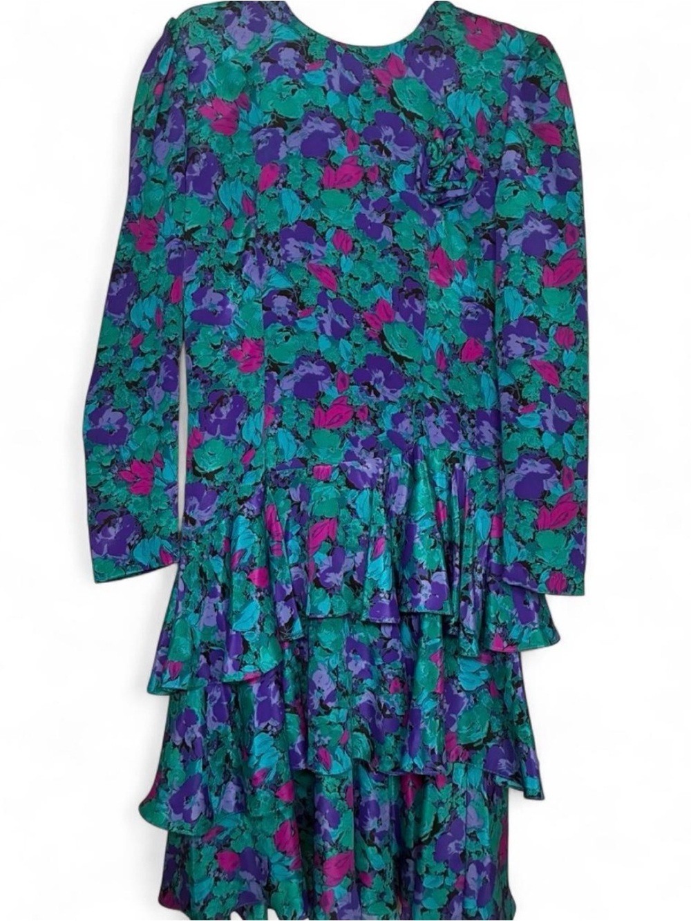 Vintage 80s Jody California Floral Tiered Ruffle Midi Dress - Size 11/12